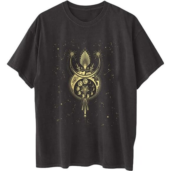 Boho Moon & Stars Graphic Printed Oversized T Shirt Vintage Short Sleeve Tee Top - Picture 7 of 7
